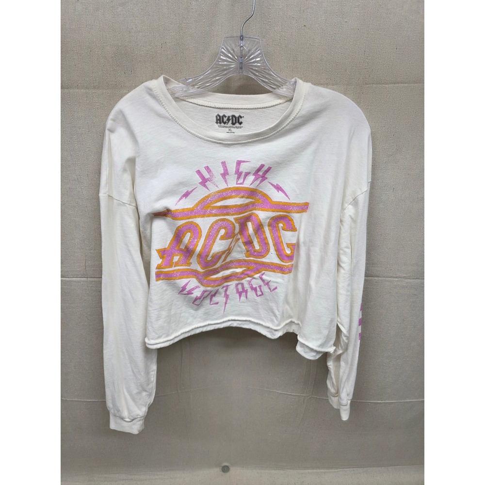 AC/DC High Voltage Graphic Crop Top Long Sleeve‎ Cream Pink XL 1535